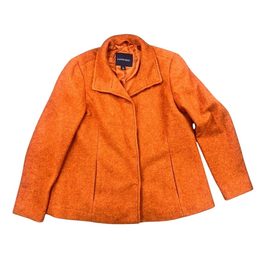 Lands End Wool Blend‎ Coat Women 12 Orange Snap Button Lined Classic Jacket